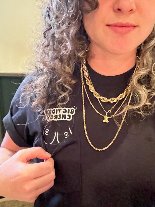 big tiddy energy bubble letters (black tee and white print)